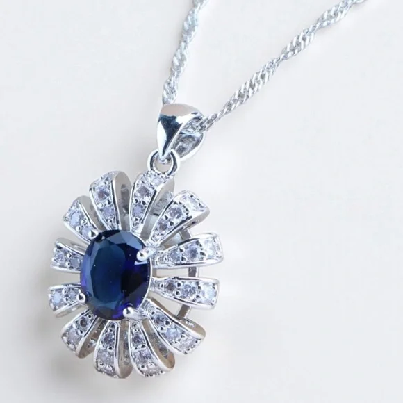 Stamped 925 Silver Flower CZ Blue Ring 7 Earrings Pendant Necklace Set - Picture 3 of 5